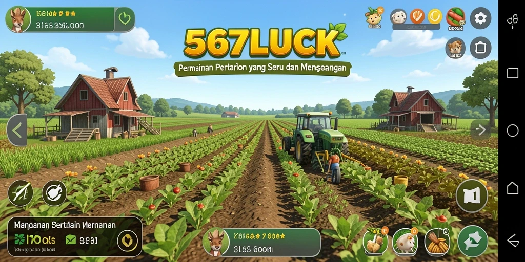 Screenshot gameplay 567LUCK menampilkan pertanian yang subur dan hewan peliharaan.