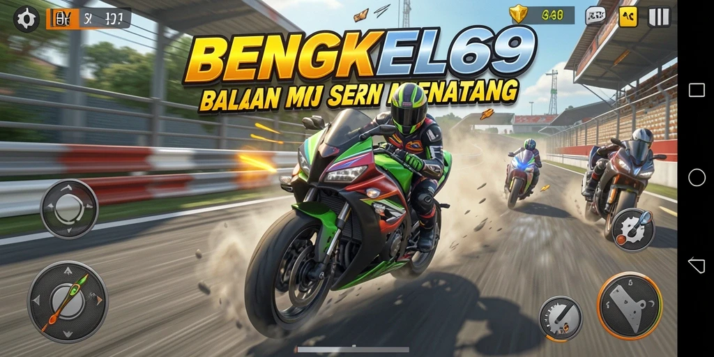 Screenshot gameplay <strong>BENGKEL69</strong> menunjukkan motor melaju cepat di lintasan balap.