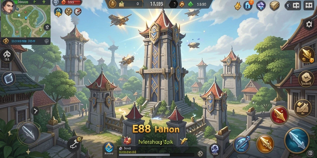 Tampilan gameplay E88 yang epik dengan menara pertahanan strategis.
