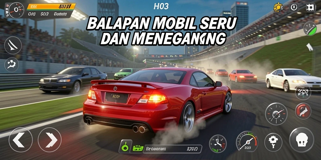Gameplay H03 dengan mobil balap yang melaju kencang di trek yang menegangkan.
