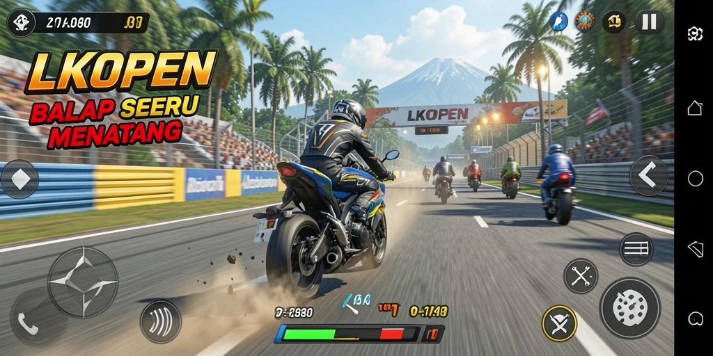 Gameplay seru balapan motor di LKOPEN dengan lintasan menantang.