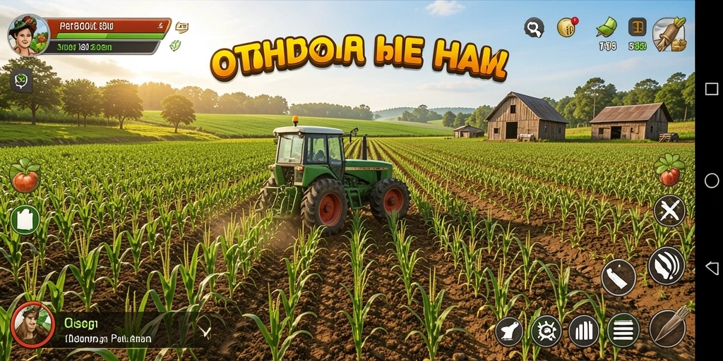 Screenshot gameplay OHTOGEL menampilkan ladang yang subur dan aktivitas petani.