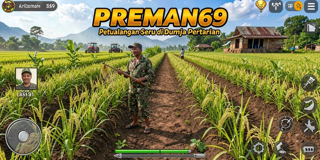 Screenshot gameplay PREMAN69 menampilkan suasana ladang yang subur dan tanaman berwarna-warni.