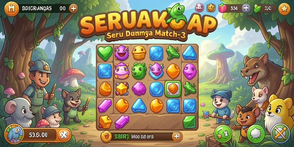 Screenshot SERURP menampilkan gameplay Match-3 yang seru dan penuh warna.