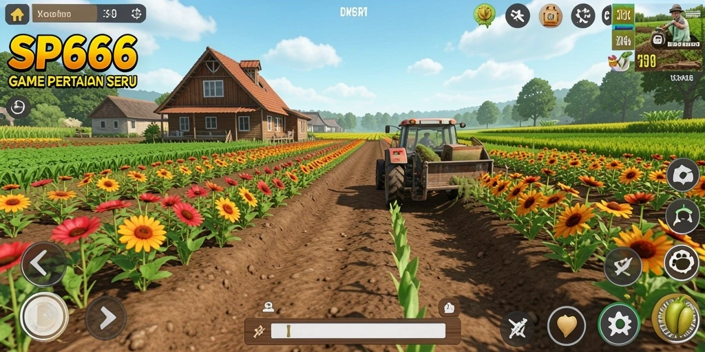 Tampilan gameplay menarik dengan ladang yang subur dan hewan ternak.
